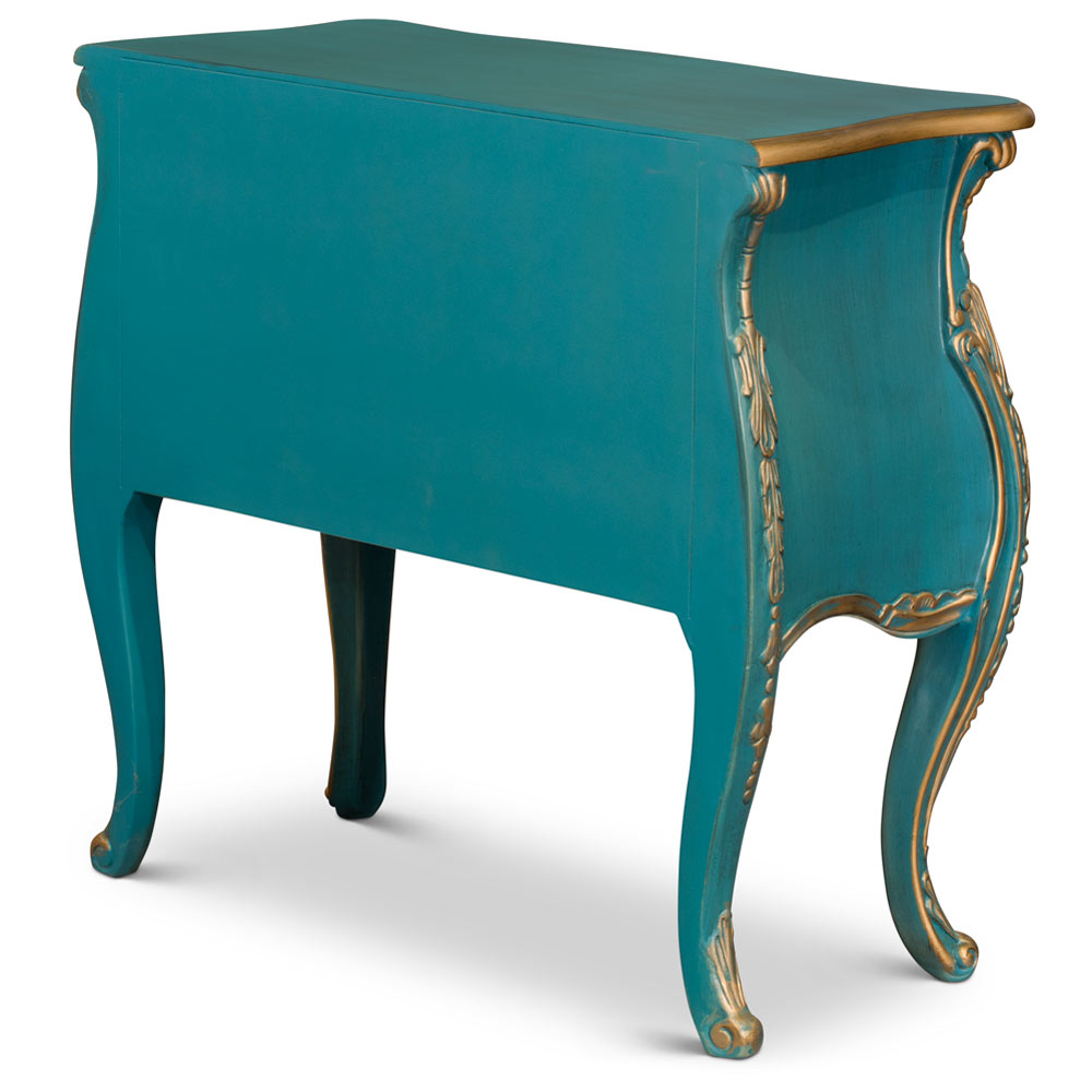 Hand Painted Aquamarine Blue and Gold French Style Oriental Bombe Chest
