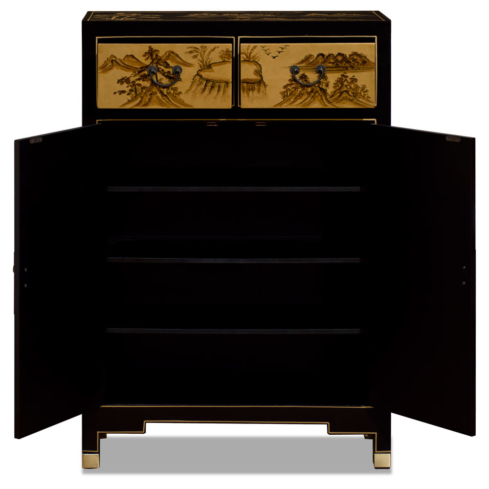 Gold Leaf Chinoiserie Courtyard Oriental Cabinet