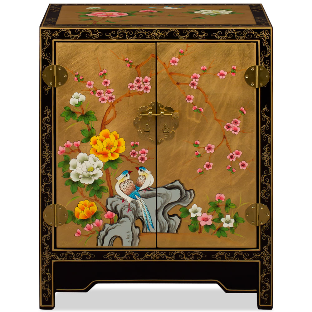Gold Leaf Chinoiserie Bird and Flower Oriental Cabinet