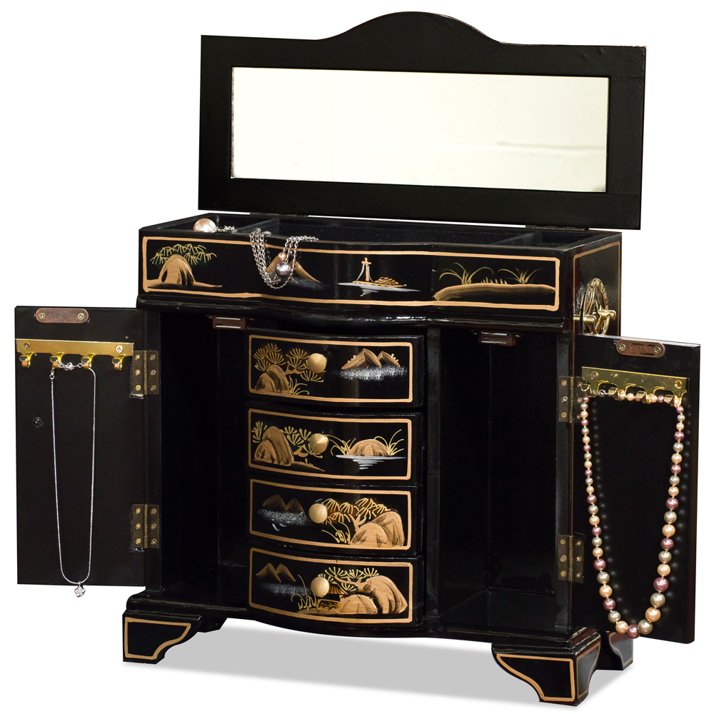 Black Lacquer Chinoiserie Scenery Motif Oriental Jewelry Chest