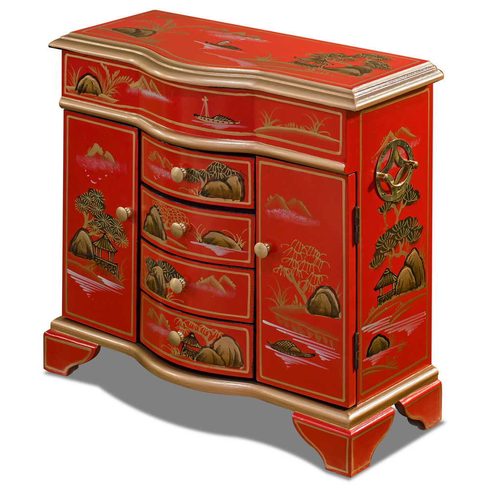 Red Chinoiserie Scenery Motif Oriental Jewelry Chest