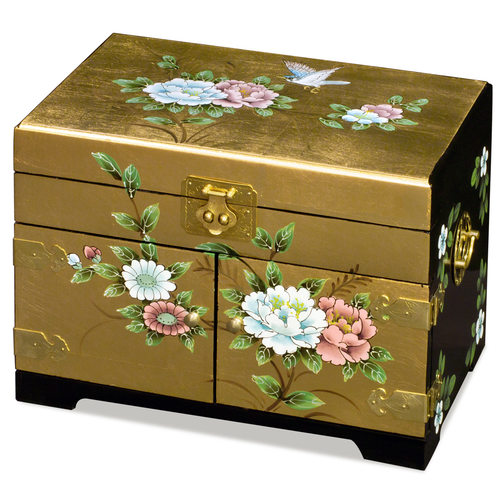 Gold Leaf Bird and Flower Motif Chinese Jewelry Box