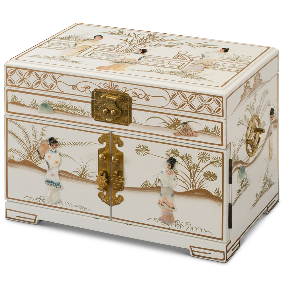 White Lacquer Mother of Pearl Chinese Jewelry Box