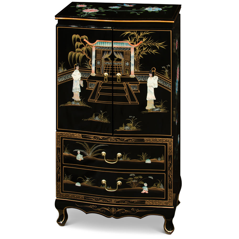 Black Lacquer Mother of Pearl Chinese Jewelry Armoire