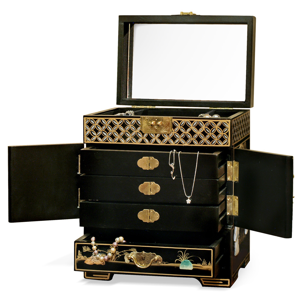 Black Lacquer Mother of Pearl Petite Chinese Jewelry Chest