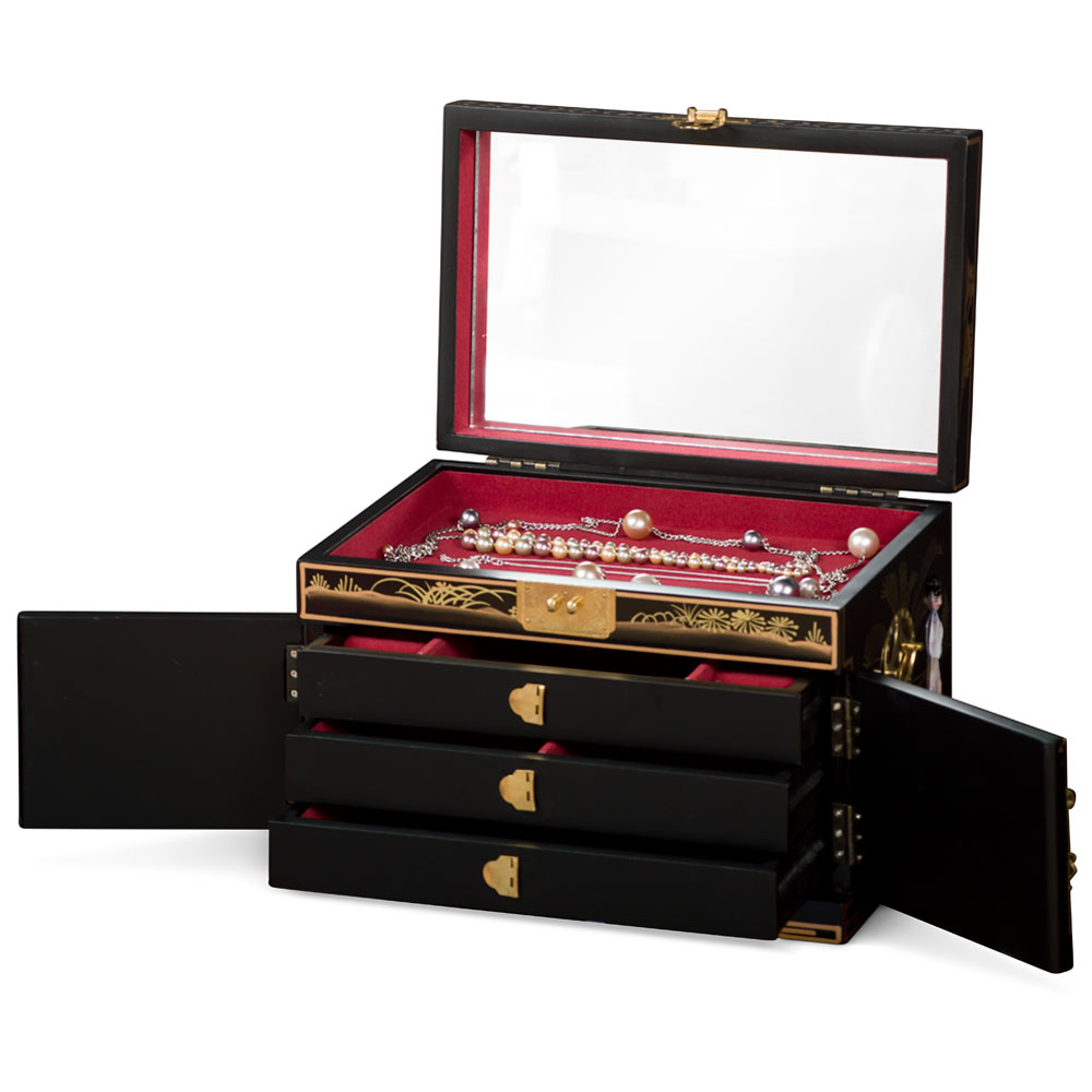 Black Lacquer Mother of Pearl Chinese Jewelry Box
