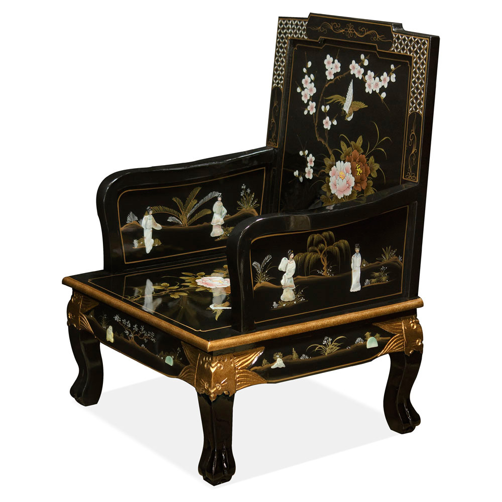 Black Lacquer Mother of Pearl Chinese Sofa Chair