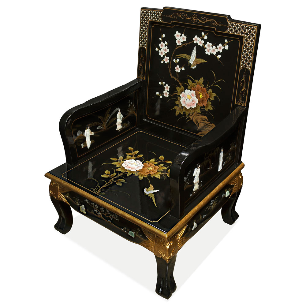 Black Lacquer Mother of Pearl Chinese Sofa Chair