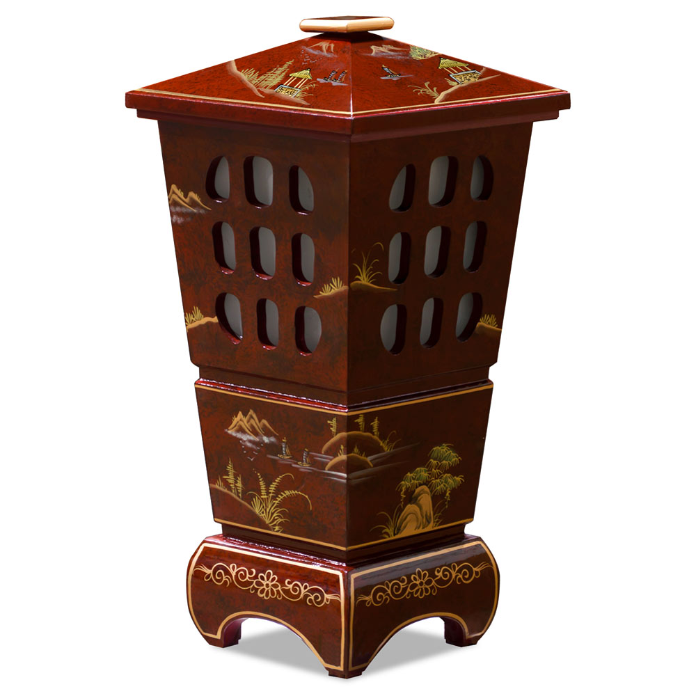 Red Lacquer Chinoiserie Scenery Oriental Pagoda Lantern