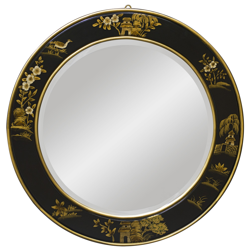 Chinoiserie Scenery Motif Oriental Round Mirror