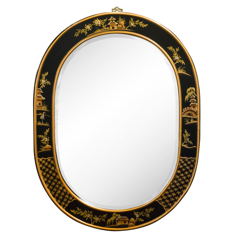 Chinoiserie Scenery Motif Oriental Oval Mirror