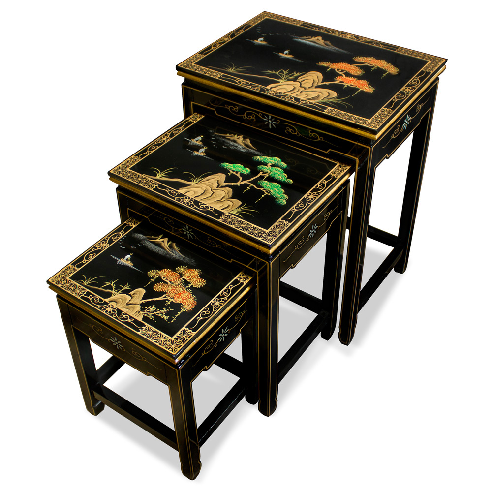 Chinoiserie Scenery Motif Black Oriental Nesting Tables