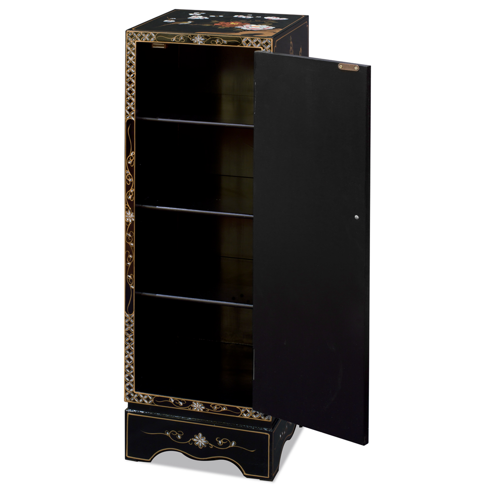 Black Lacquer Mother of Pearl Chinese Pedestal Cabinet