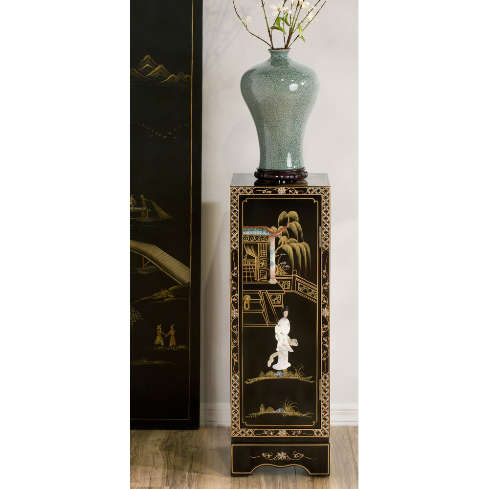 Black Lacquer Mother of Pearl Chinese Pedestal Cabinet