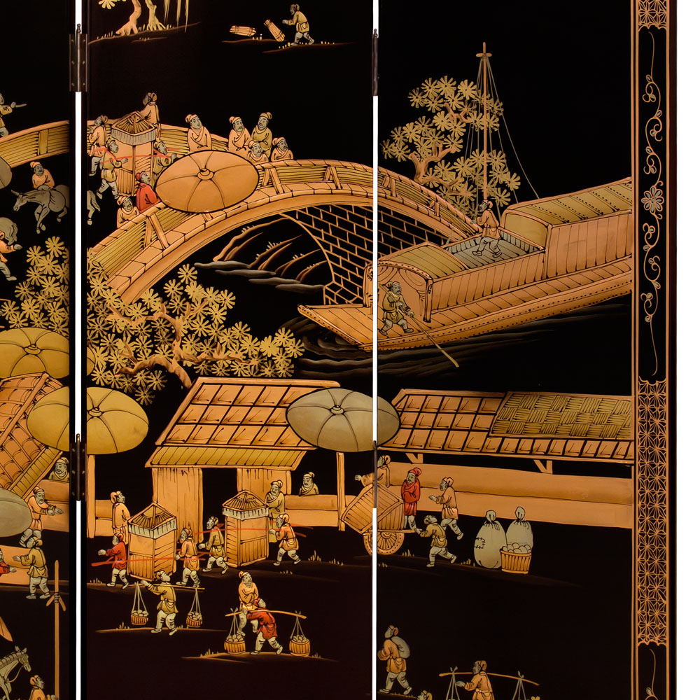 Chinoiserie Scenery Oriental Floor Screen with Spring Festival Scene