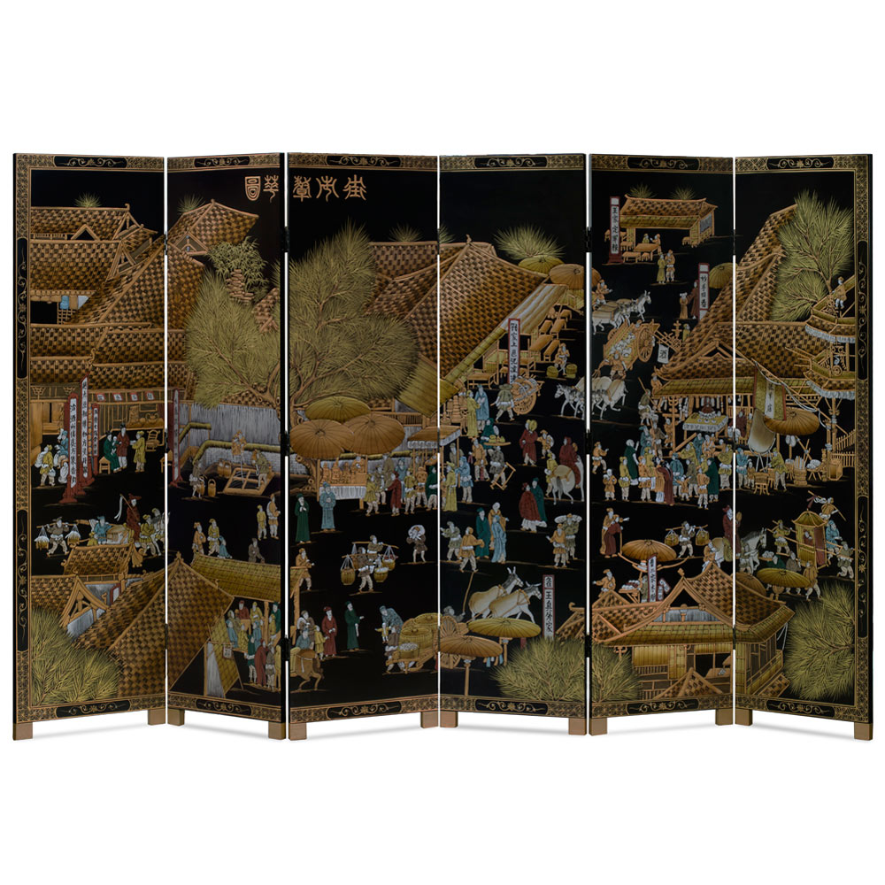 Chinoiserie Scenery 6 Panel Oriental Floor Screen with Spring Festival Scene