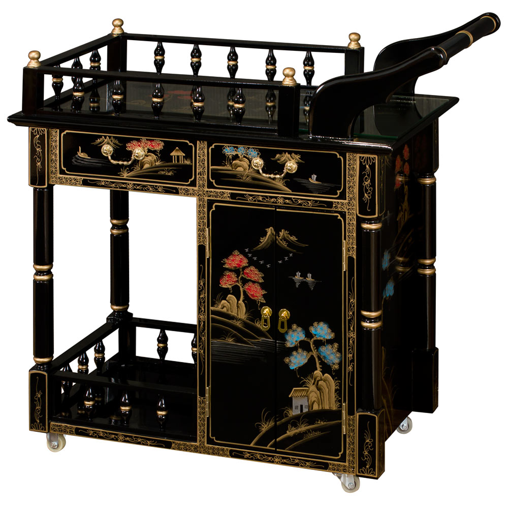 Black Lacquer Chinoiserie Scenery Chinese Tea Cart