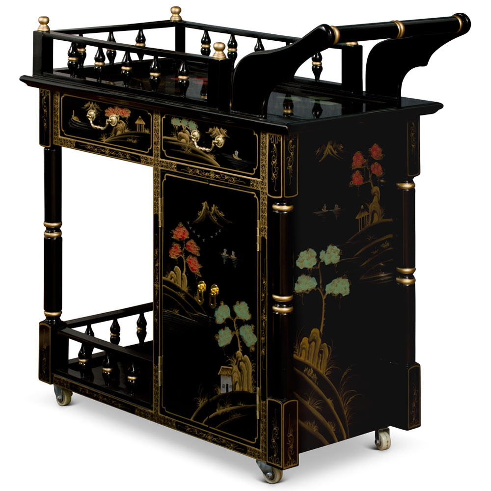 Black Lacquer Chinoiserie Scenery Chinese Tea Cart