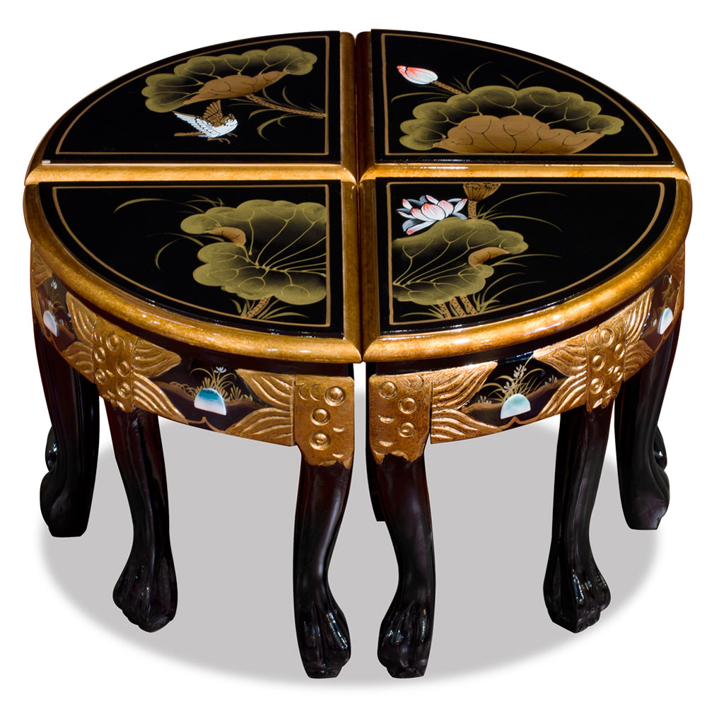 Black Lacquer Mother of Pearl Round Asian Coffee Table Set
