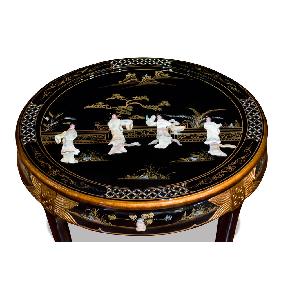 Black Lacquer Mother of Pearl Round Asian Coffee Table Set