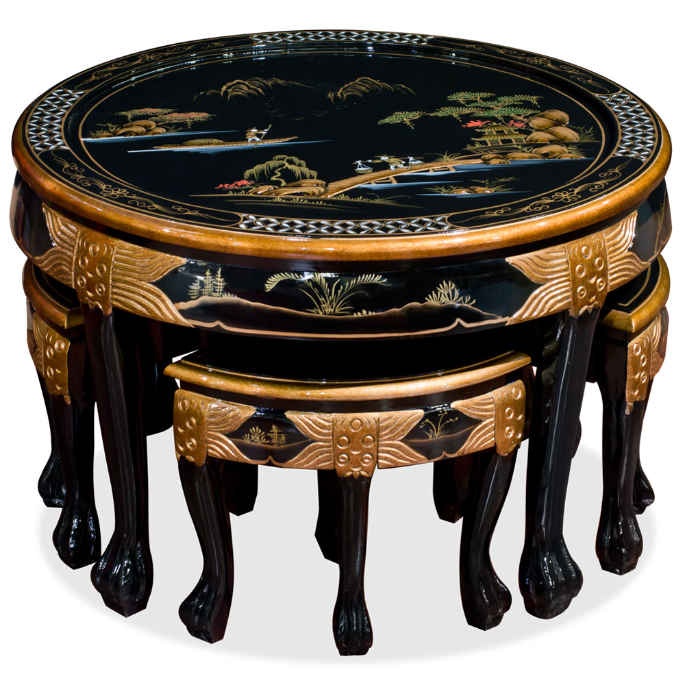 Black Lacquer Chinoiserie Round Asian Coffee Table Set