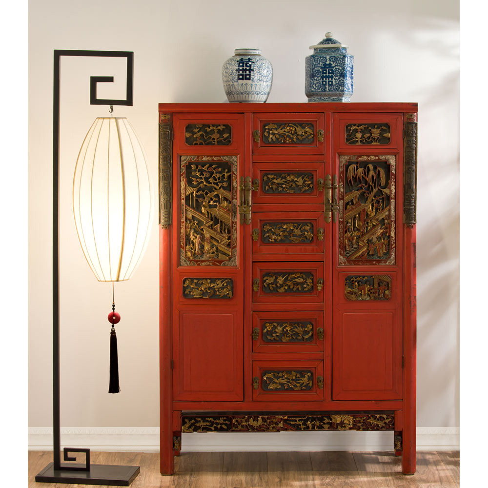 Antique Vermillion Red Ningbo Village Chinese Armoire with Carved Panels