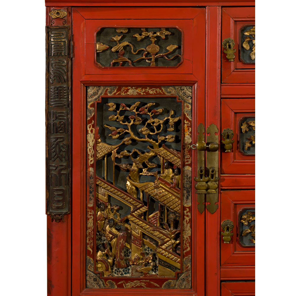 Antique Vermillion Red Ningbo Village Chinese Armoire with Carved Panels