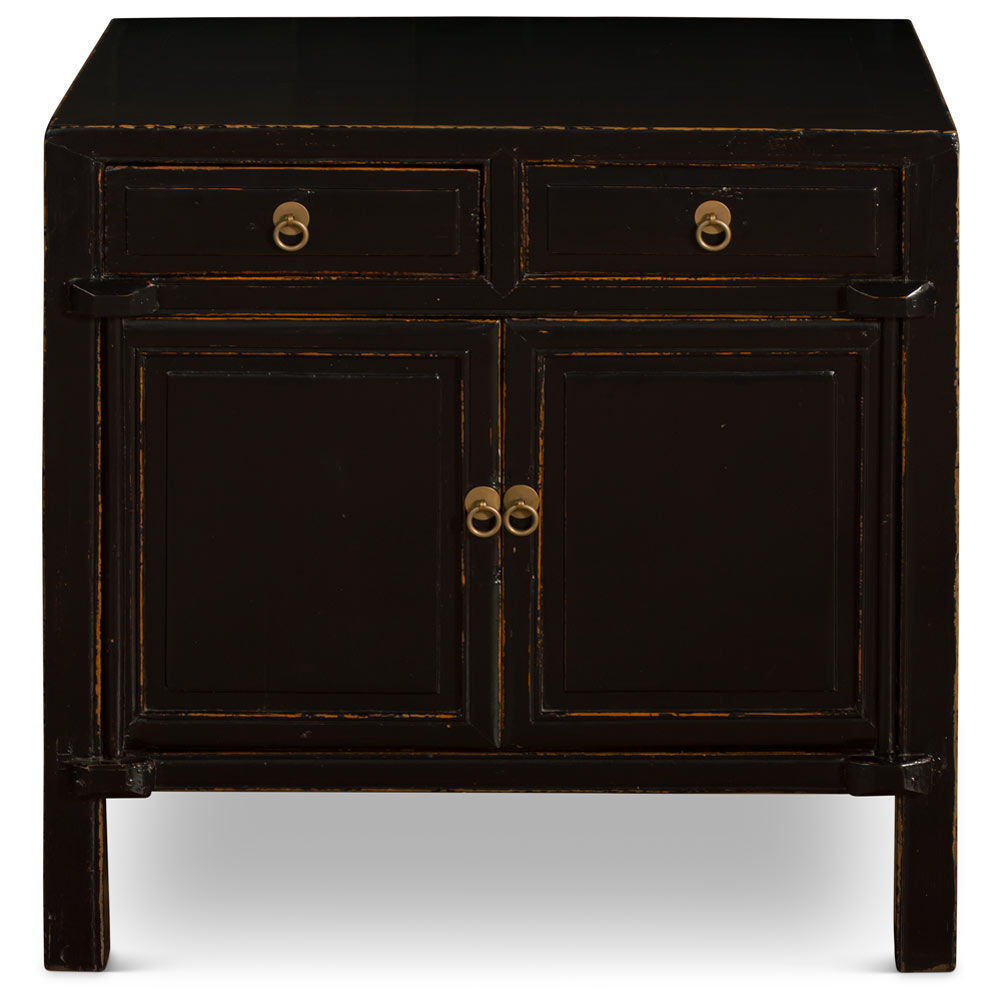 Distressed Vintage Black Elmwood Oriental Ming Cabinet