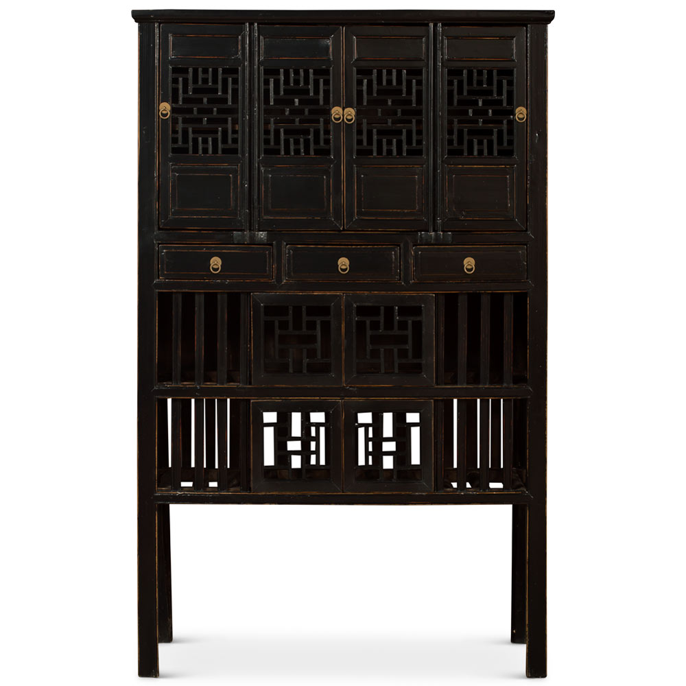 Antique Black Elmwood Chinese Lattice Kitchen Cabinet