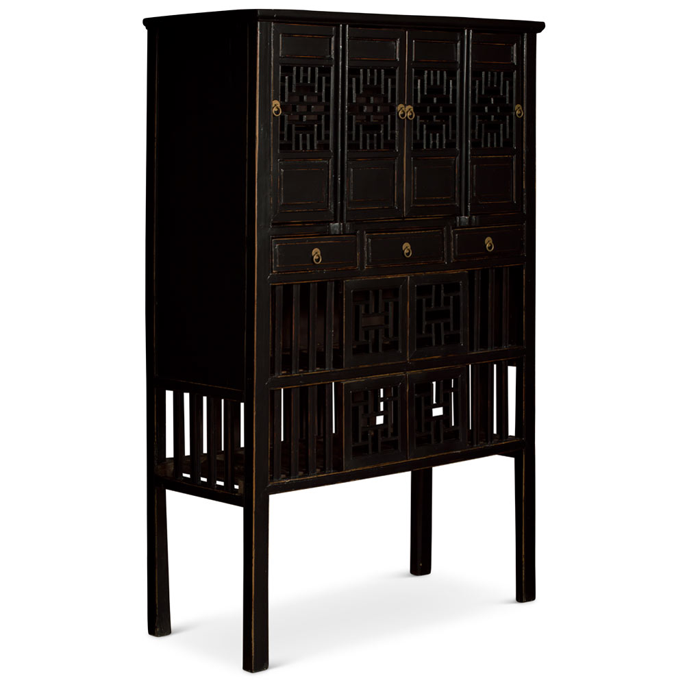 Antique Black Elmwood Chinese Lattice Kitchen Cabinet