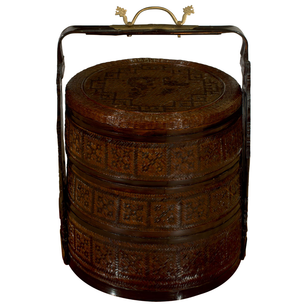 Vintage Three Tiered Round Chinese Woven Rattan Lunchbox