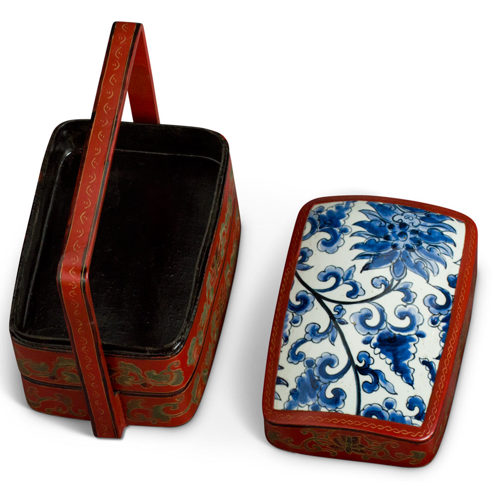 Vintage Chinese Red Lacquer Tiered Lunch Box with Blue and White Peony Motif Porcelain Lid