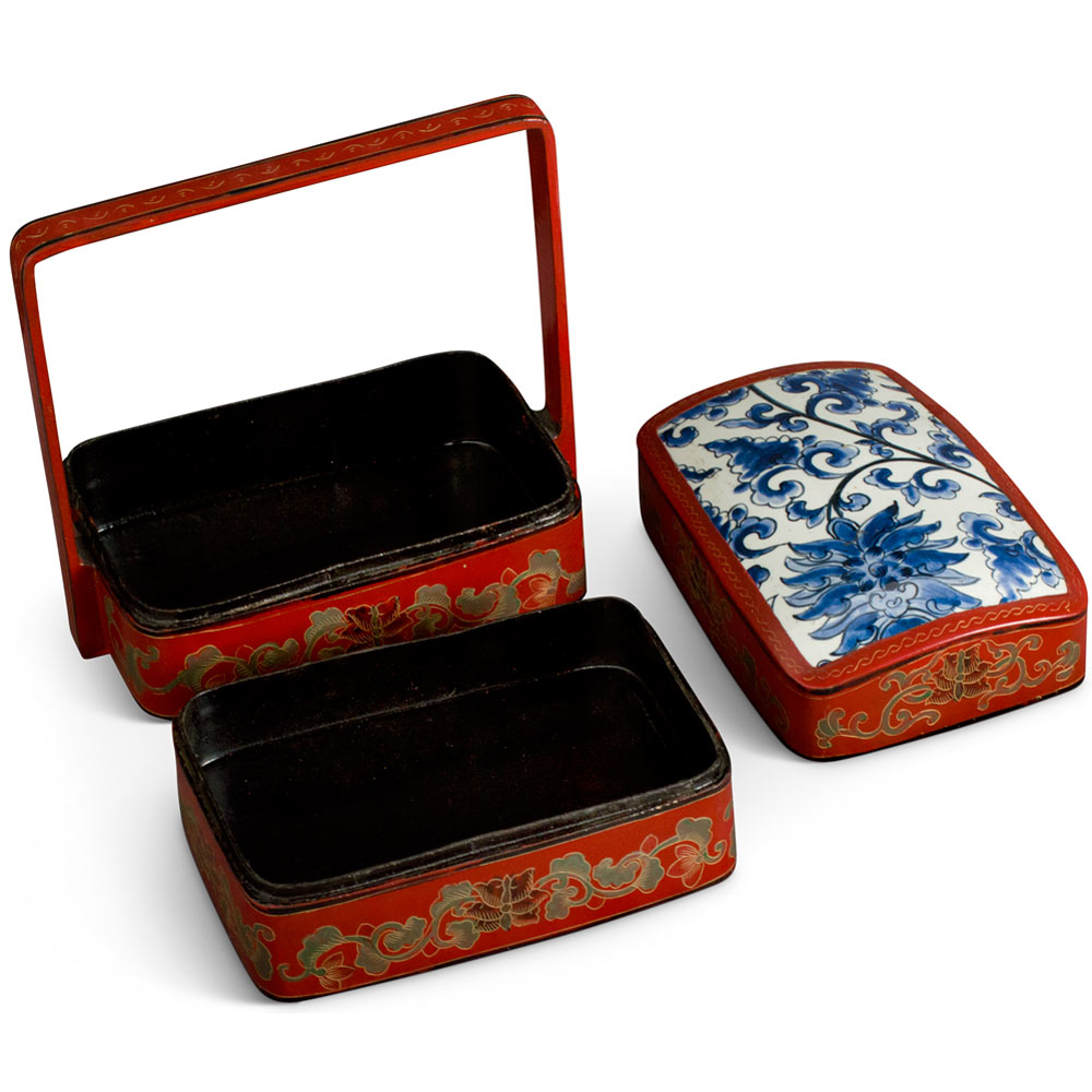 Vintage Chinese Red Lacquer Tiered Lunch Box with Blue and White Peony Motif Porcelain Lid