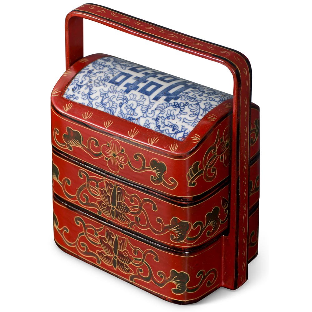 Vintage Chinese Red Lacquer Tiered Lunch Box with Blue and White Double Happiness Motif Porcelain Lid