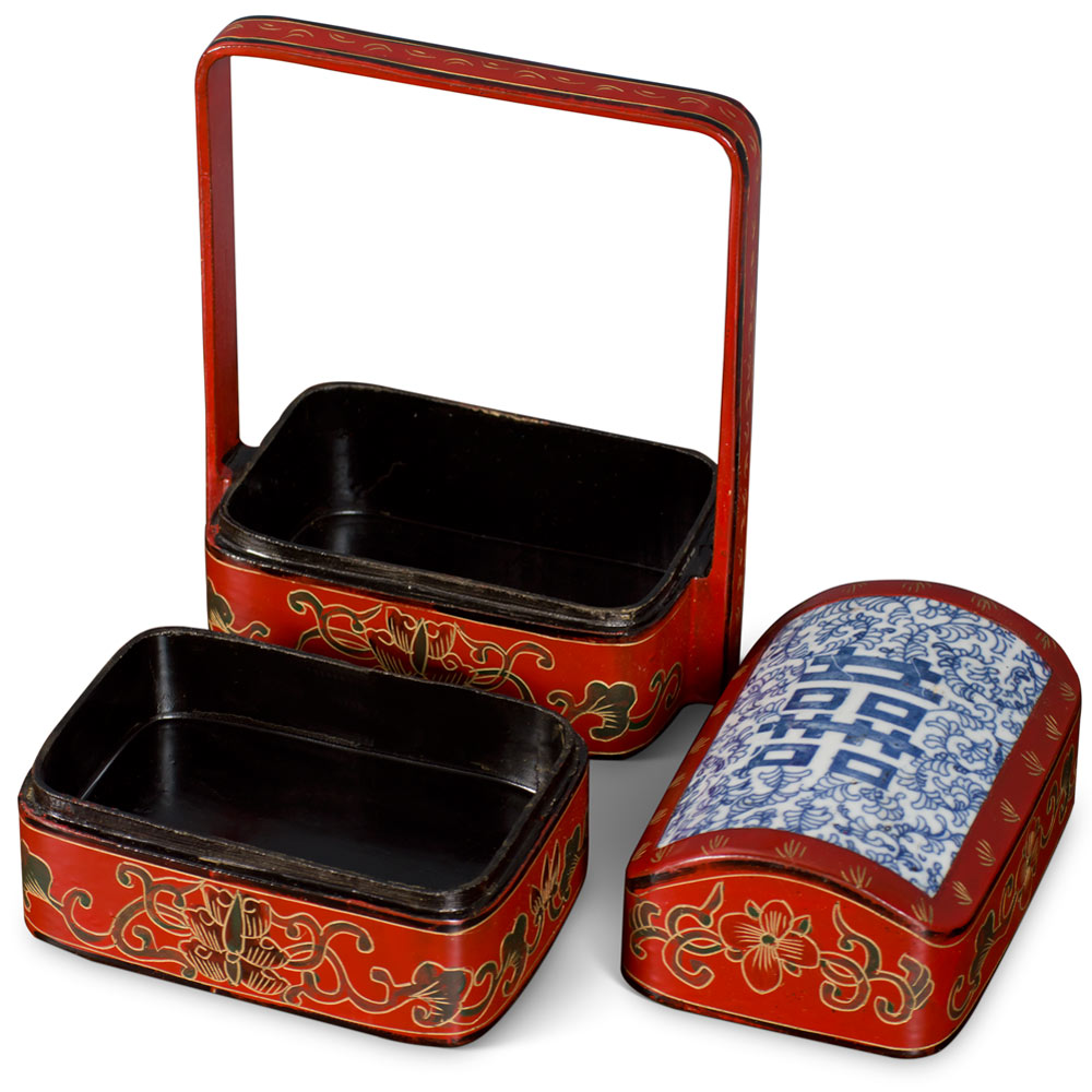 Vintage Chinese Red Lacquer Tiered Lunch Box with Blue and White Double Happiness Motif Porcelain Lid