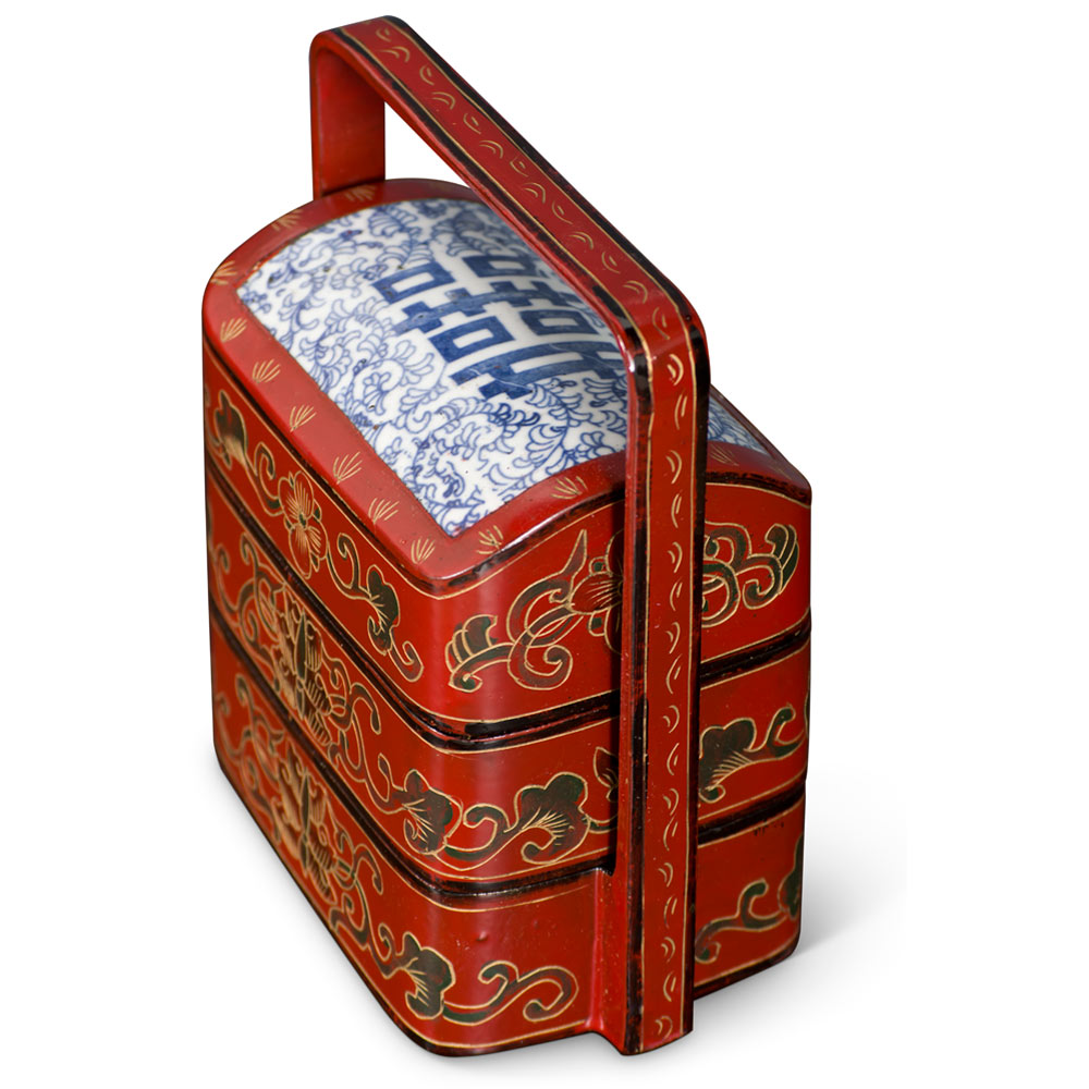 Vintage Chinese Red Lacquer Tiered Lunch Box with Blue and White Double Happiness Motif Porcelain Lid