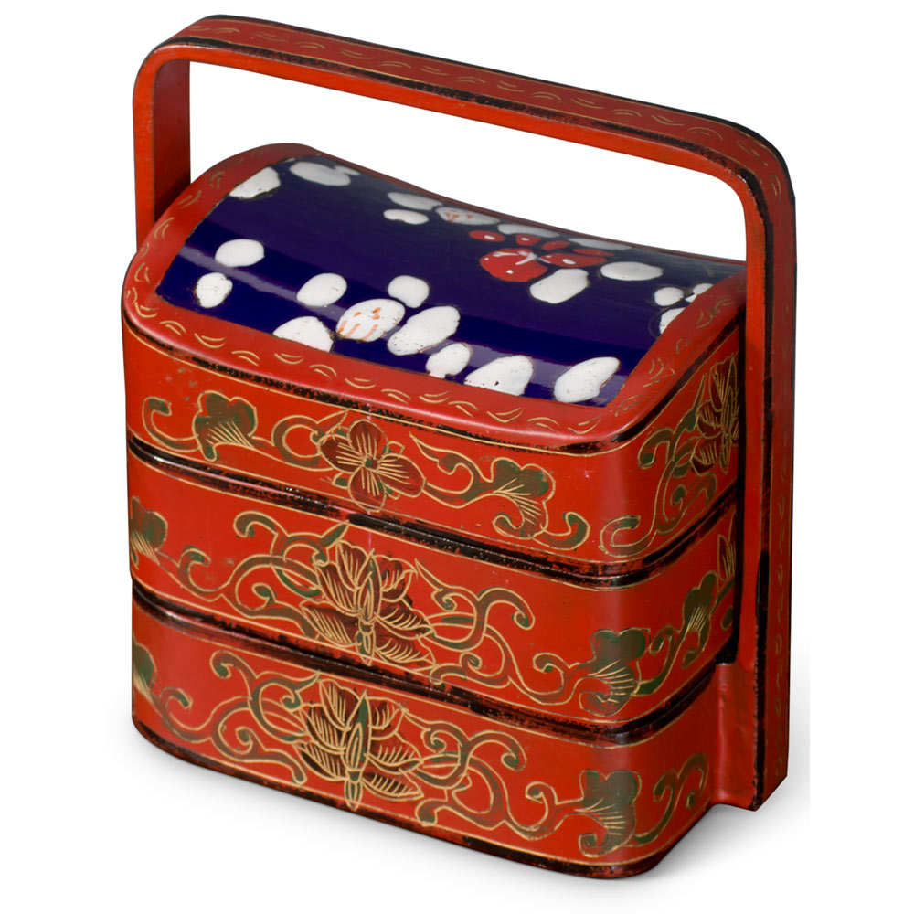 Vintage Chinese Red Lacquer Tiered Lunch Box