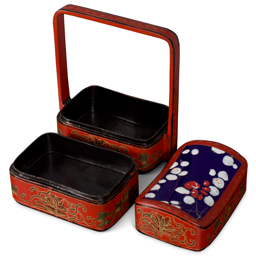 Vintage Chinese Red Lacquer Tiered Lunch Box