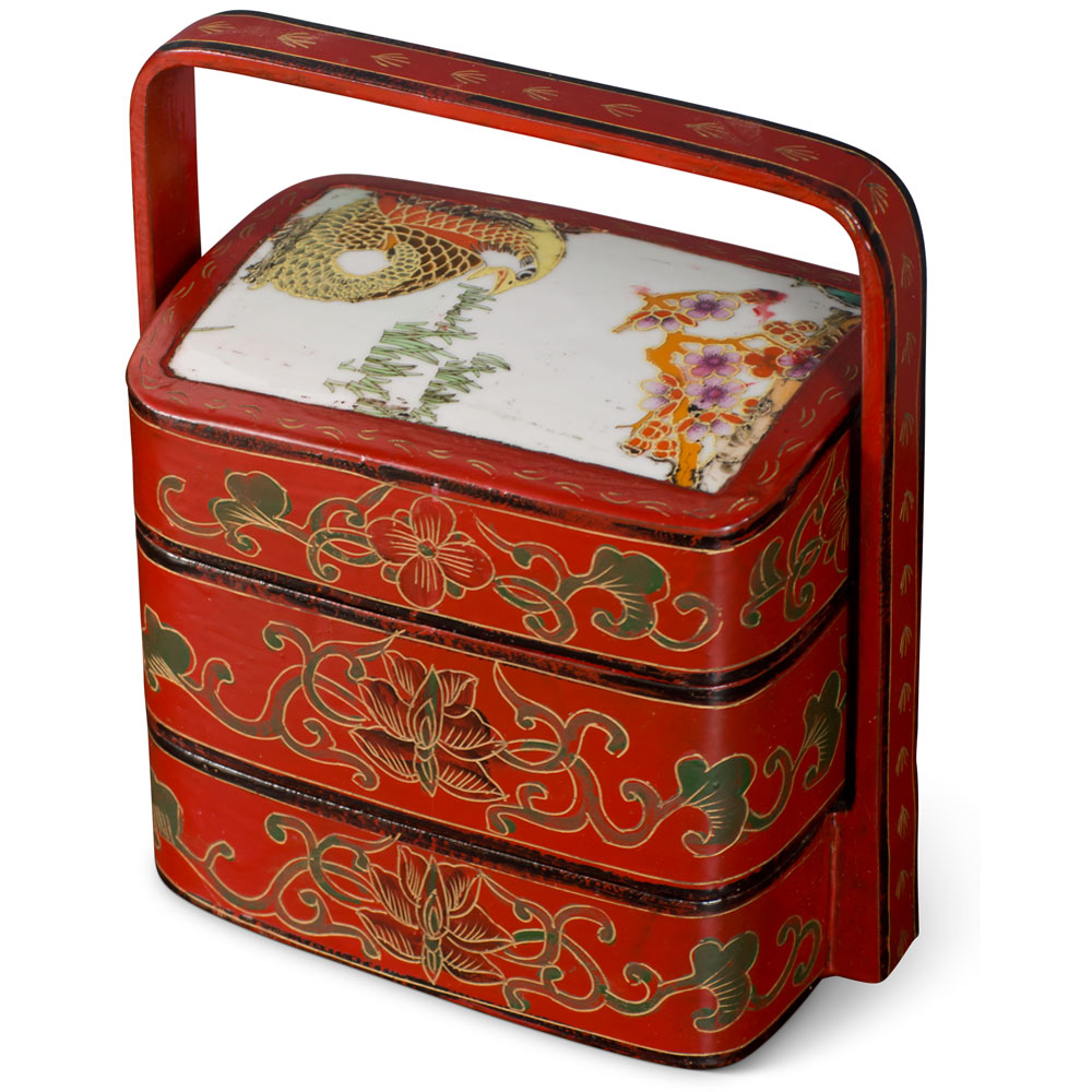 Vintage Chinese Red Lacquer Bird and Flower Tiered Lunch Box