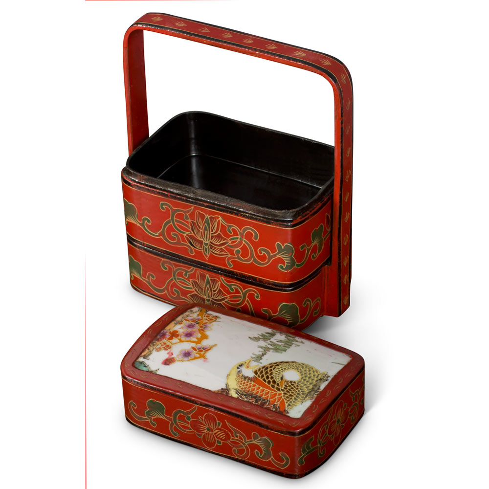 Vintage Chinese Red Lacquer Bird and Flower Tiered Lunch Box