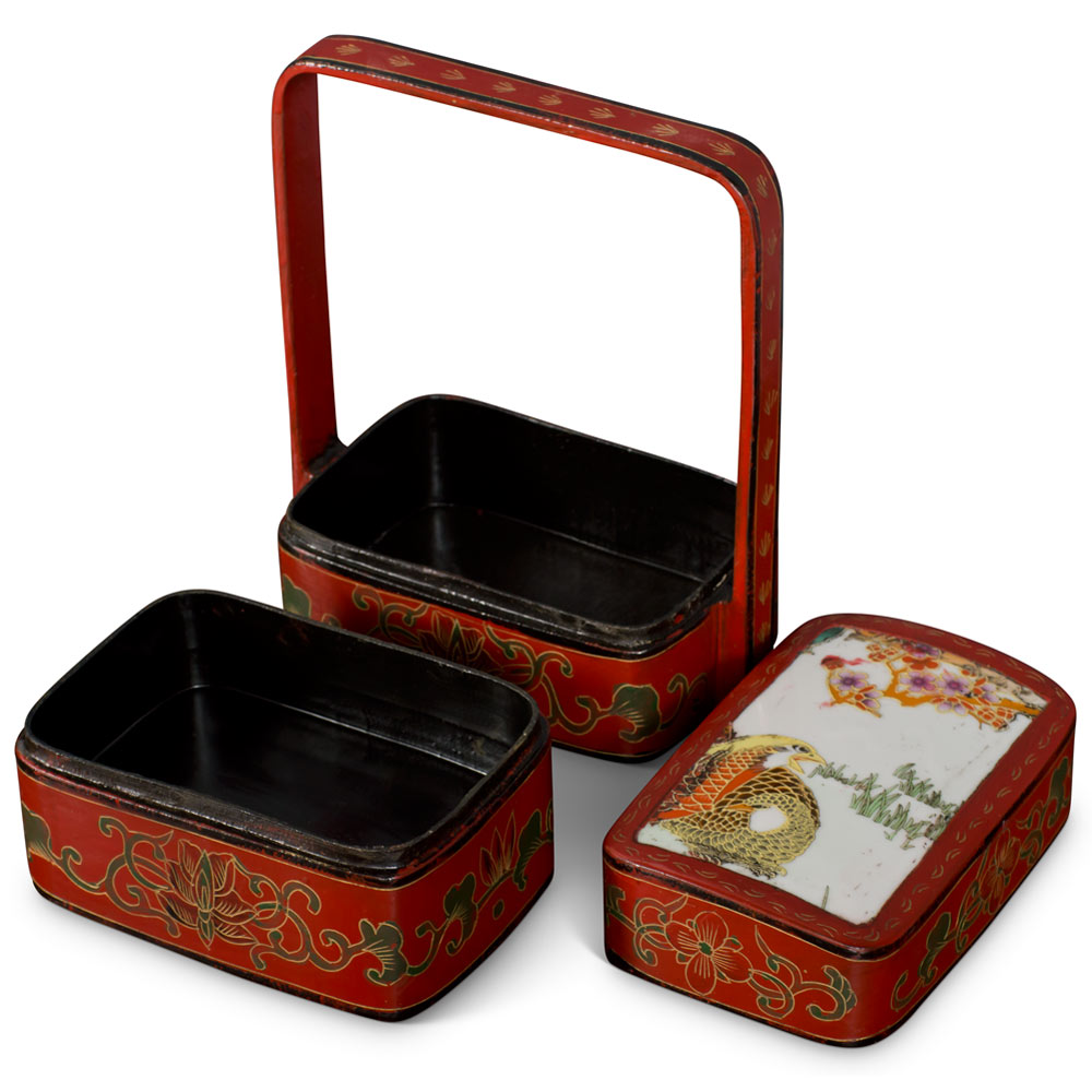 Vintage Chinese Red Lacquer Bird and Flower Tiered Lunch Box