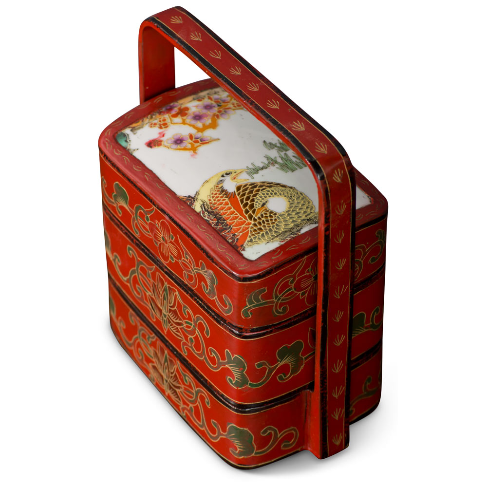 Vintage Chinese Red Lacquer Bird and Flower Tiered Lunch Box