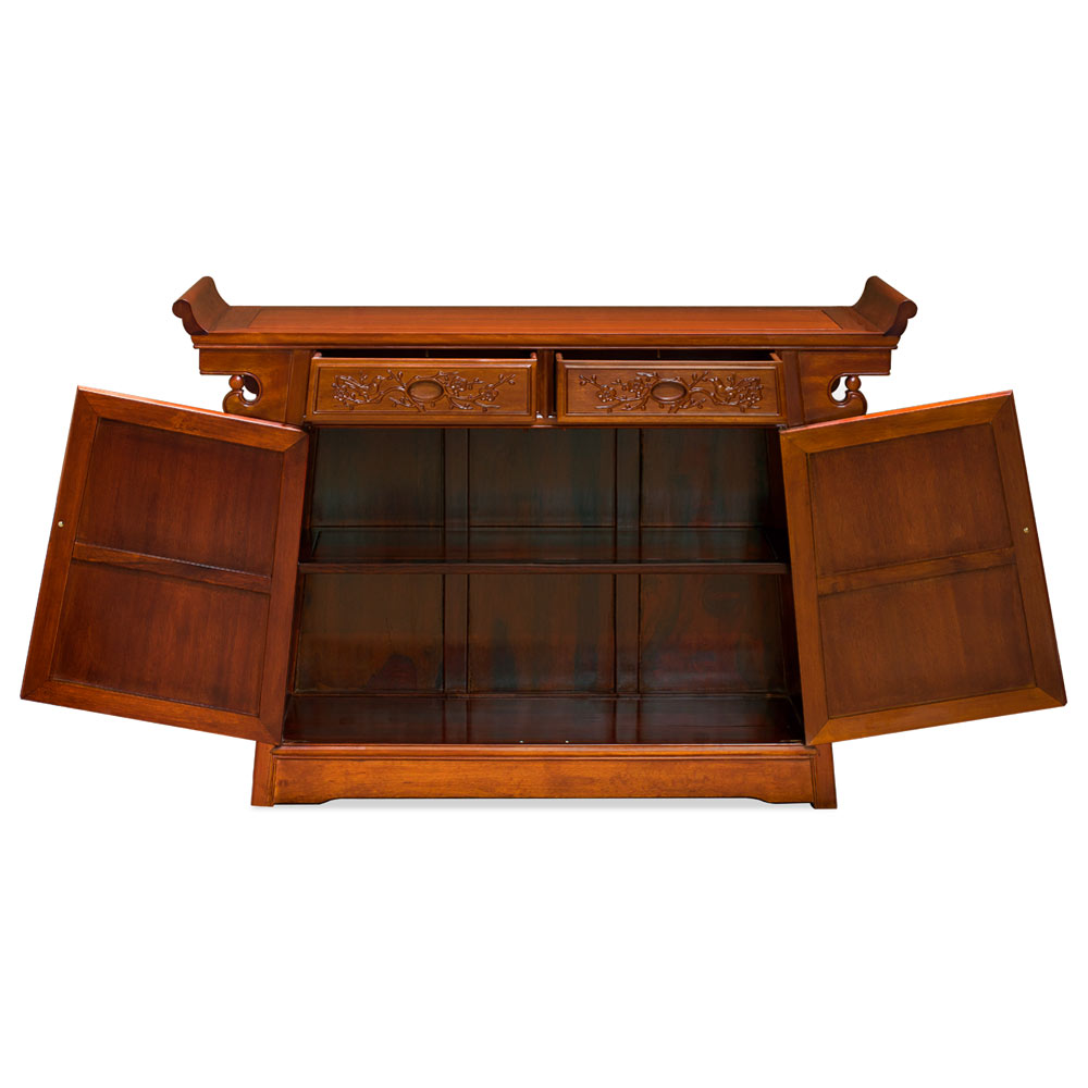 Natural Finish Rosewood Flower and Birds Asian Altar Cabinet