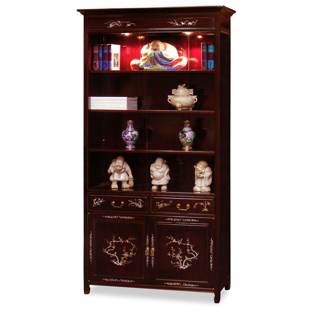 Dark Cherry Rosewood Mother of Pearl Inlay Asian Bookcase