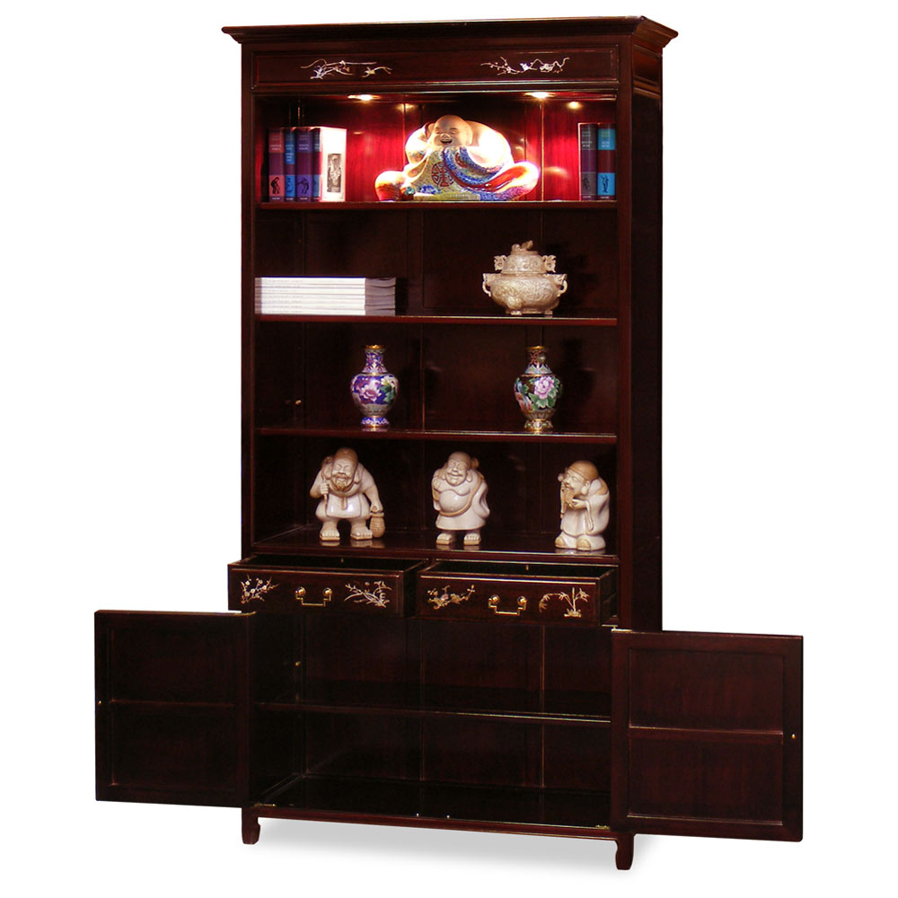 Dark Cherry Rosewood Mother of Pearl Inlay Asian Bookcase