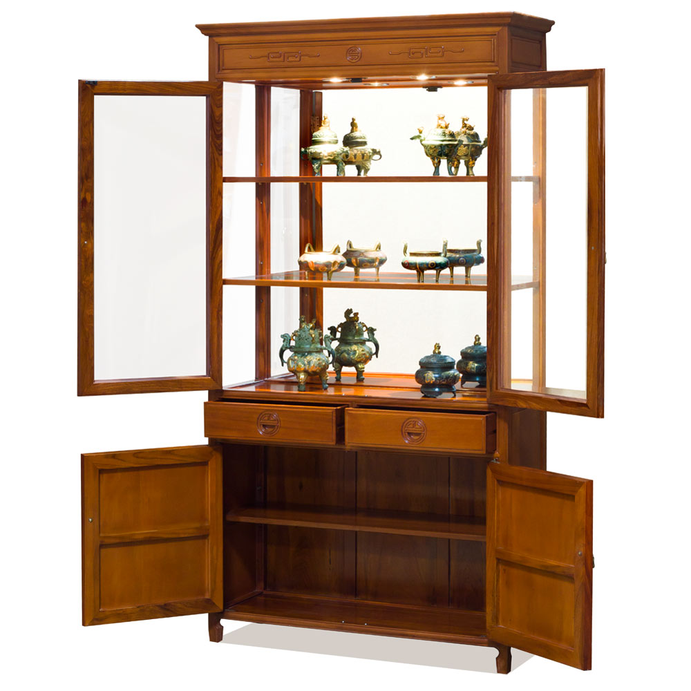 Natural Finish Rosewood Longevity Design Oriental China Cabinet