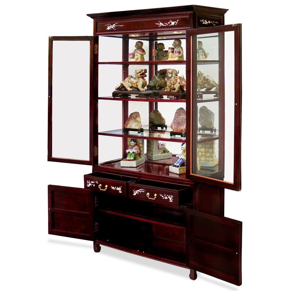 Dark Cherry Rosewood Mother of Pearl Inlaid Oriental China Cabinet