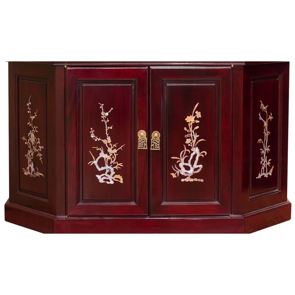 Dark Cherry Rosewood Mother of Pearl Inlay Oriental Moon Curio Cabinet