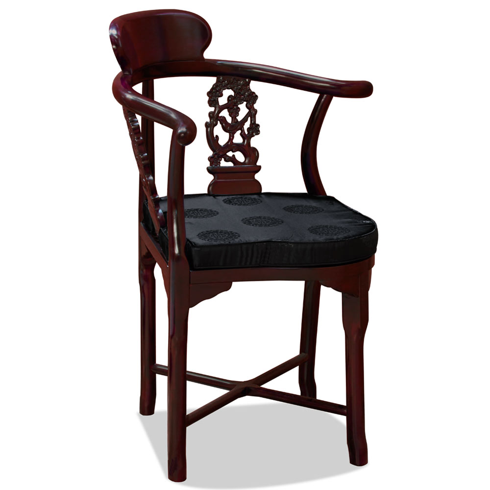 Dark Cherry Rosewood Flower & Bird Design Oriental Corner Chair