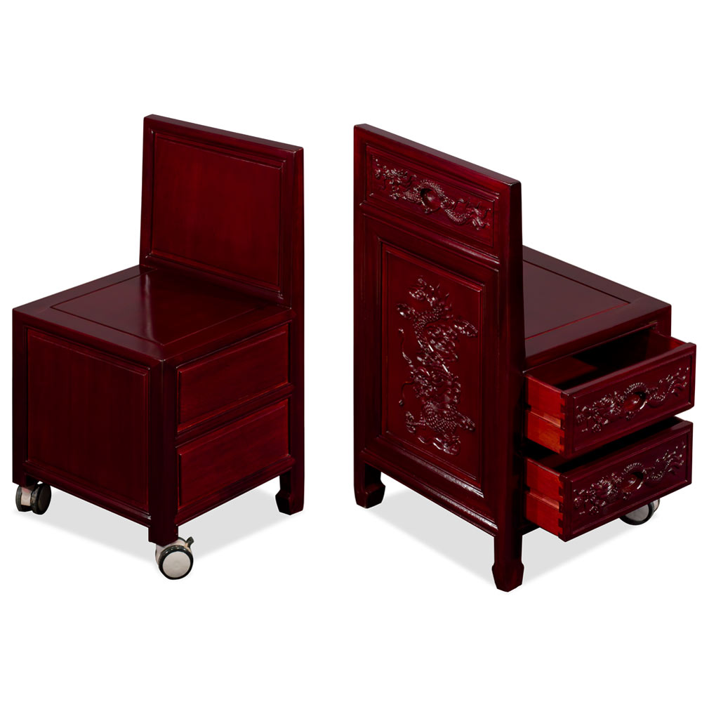 Dark Cherry Rosewood Prosperity Dragon Design Asian Secretaire with Chair